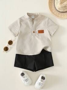 SHEIN 2pcs Baby/Baby Boy Casual Short Sleeve Shirt And Shorts Set, Baby Boy Outfit, Baby Boy Summer Clothes - Khaki - View 4