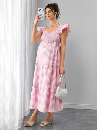 SHEIN Summer Vacation Style Plaid Patchwork Adjustable Waist Loose Maternity Dress