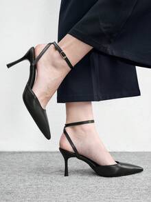 CUCCOO BIZCHIC 女鞋 女士尖头细高跟黑色踝带女式高跟鞋 后跟镂空鞋 时尚优雅日常百搭通勤工作女鞋 - 亞黑色 - 查看 5