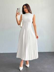SHEIN PETITE 女士优雅褶皱紧身A字连衣裙 - 白色 - 查看 4