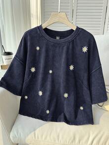 Comfortcana Maglietta in 100% cotone a maniche corte, taglia comoda, con motivo a fiocchi di neve lavati, maglia corta ricamata primaverile, blu navy - Blu Navy - Visualizzare 3