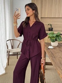 Elouméa Size Summer Casual Solid Color Drawstring Waist Shirt And Pants 2 Pieces Set - Burgundy - View 7