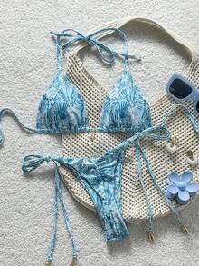 SHEIN Swim Vcay Springbreak Beach Shell Print Bikini Set - Blue - View 8