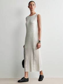 SHEIN Stylify 女士春夏新款纯色圆领修身中长镂空花卉图案法式优雅女士风格沙滩度假无袖针织连衣裙 - 白色 - 查看 3