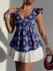 Selianne Elegantes blaues Boho-Damen-Top mit V-Ausschnitt und Peplum, Vintage-Bluse mit kreisförmigem Muster, flatternden Ärmeln und taillierter Taille, Sommerurlaub-Festival-Outfit - Verschiedenfarbig - Übersicht 7
