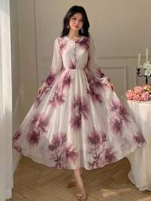 Modelyn Spring & Summer Fashion Flat Collar Long Sleeve Chiffon Floral Print Fitted Flared Dress - Multicolor - View 6