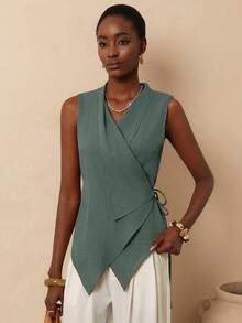 Vesra Women's Solid Color Asymmetrical Shirt, Summer - Green - View 3