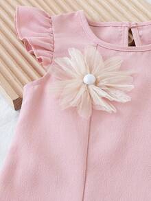 SHEIN Vintaside Kids 1件夏季可愛灰粉色女嬰公主生日禮服，3D花朵裝飾、荷葉袖、圓領、後開襟、荷葉邊裙襬女嬰洋裝 - 粉色 - 查看 5