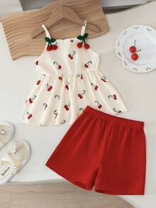 Elladie kids Bộ đồ 2 mảnh cho bé gái: Áo ba lỗ in kỹ thuật số với họa tiết quả anh đào và quần short rộng màu trơn, thích hợp cho mặc thường ngày, đi biển, nghỉ lễ, mùa hè. - Màu be - Xem 5