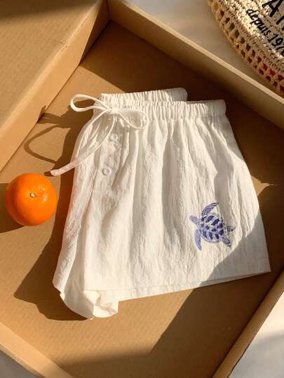 Comfortcana Quần short nữ đa năng in hình rùa biển, kiểu dáng buộc eo.