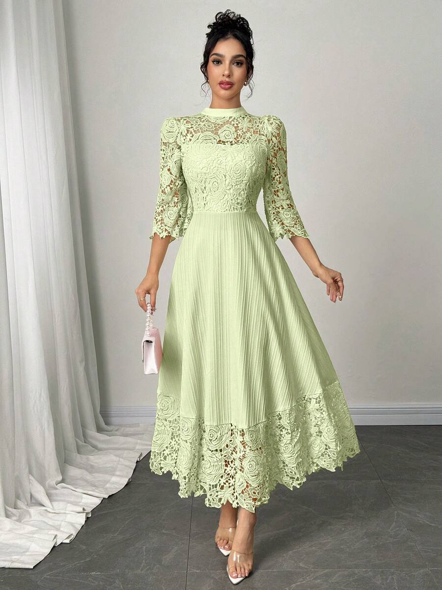 Modelyn Đầm maxi dài tay màu vàng thêu lỗ họa tiết, phối nhiều mảnh dành cho nữ - màu xanh lá - Xem 1