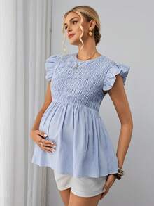 SHEIN Áo bầu tay ngắn cổ tròn kẻ sọc - Màu xanh lam - Xem 7