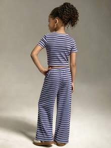 SHEIN 女童服飾 2件套：粉色羅紋高彈力、可愛、聖誕、返校季 - 紫色 - 查看 2