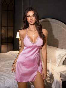 SilkySpell 弹力缎面撞色蕾丝露背性感睡裙 - 粉色 - 查看 3