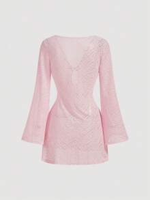 SHEIN MOD Women's Holiday Metal Decor Flare Sleeve Dress,Pink Vacation Sun Protection Top, Summer Long-Sleeved Short-Sleeved Dress,Front-Cut Open - Pink - View 4