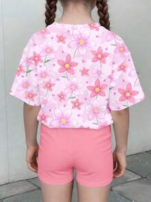 两件套，少女可爱花卉卡通冰雪女王印花短袖T恤和休闲短裤，适合夏季，姐妹和闺蜜同款。 - 白色 - 查看 2