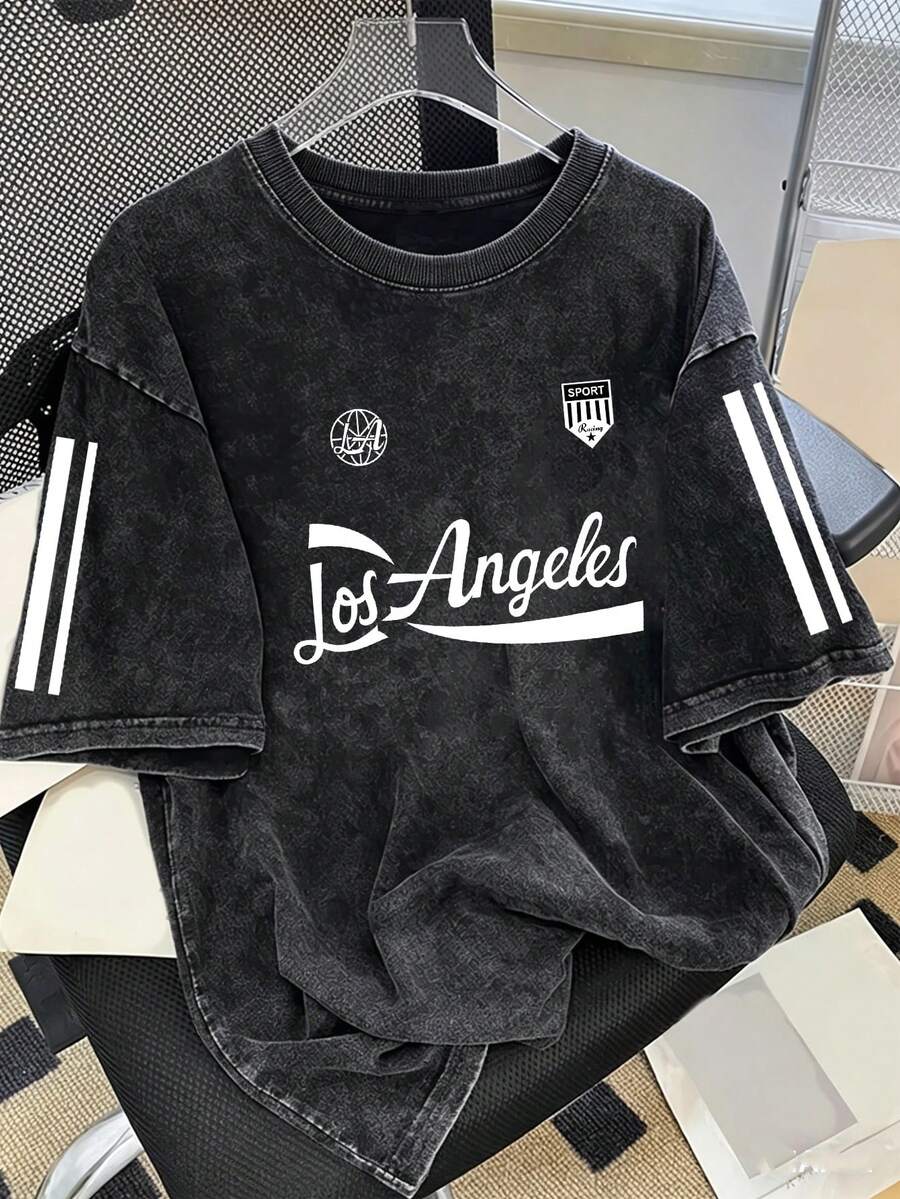 Manfinity Joysei Men's Washed Cotton Letter & Striped Print Round Neck Short Sleeve Los Angeles T-Shirt - Black - View 1