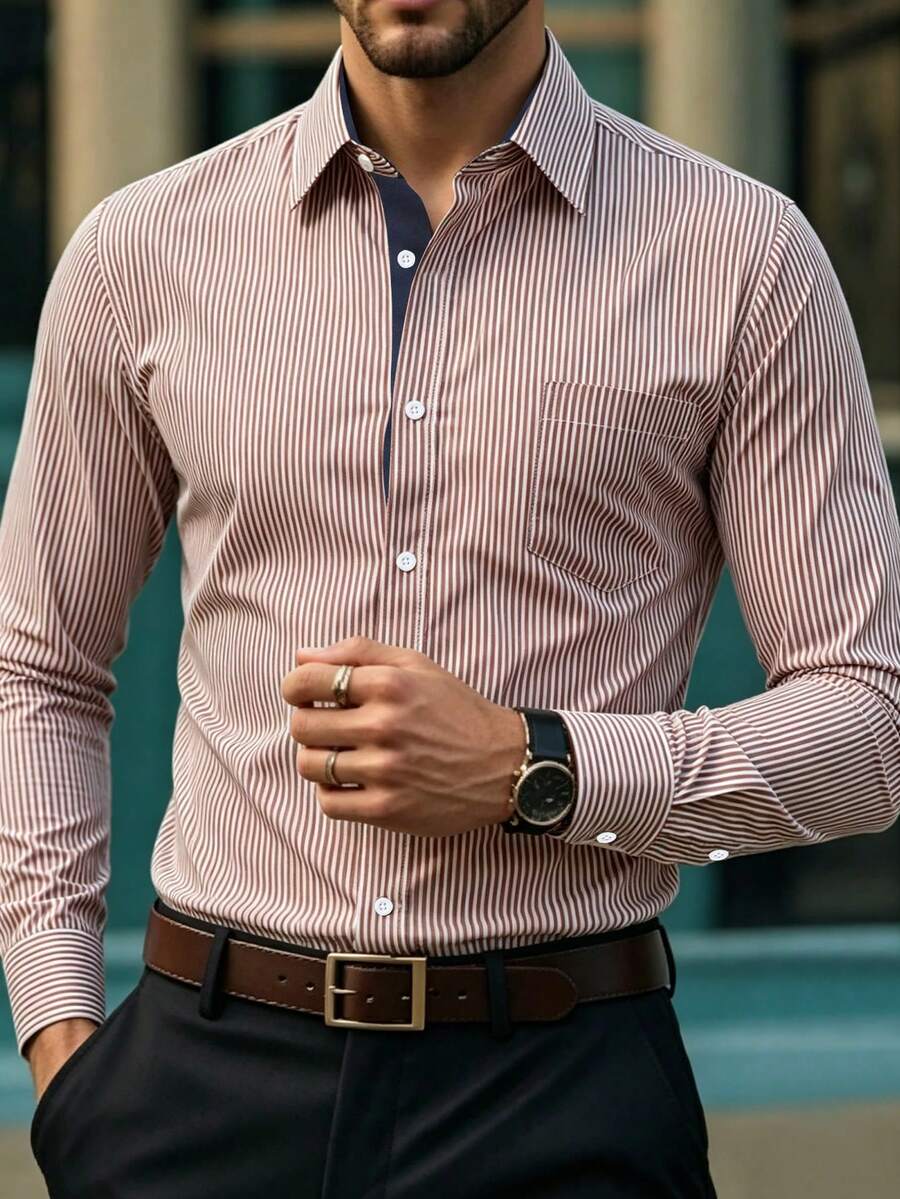Manfinity Mode Men's Casual Business Striped Print & Patchwork Pocket Long Sleeve Shirt, Spring/Autumn, Fall, Formal, Ceremony - Coffee Brown - View 1