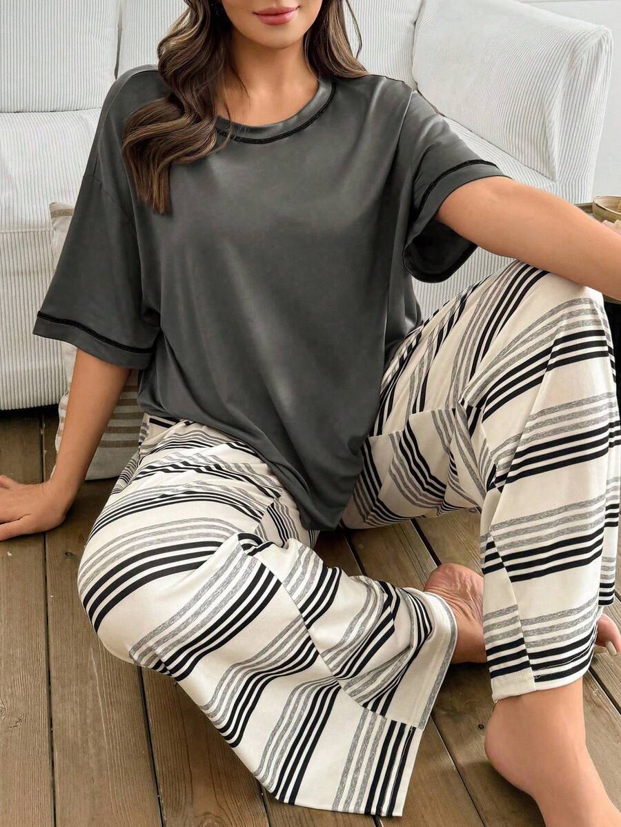 SHEIN Plus Size Casual Striped Print Short Sleeve & Pants Pajama Set For Women - Grey - View 1