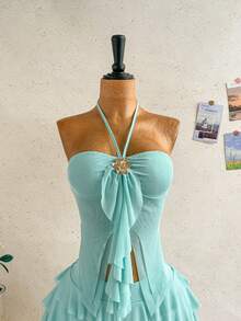 Soleia Ensemble 2 pièces femme avec Top à col ras-du-cou à volants et jupe évasée avec décoration florale en métal - Bleu ciel - Voir 4