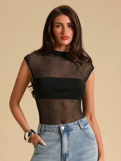 SHEIN BAE Áo liền thân không tay màu đen xuyên thấu lấp lánh, trang phục gợi cảm cho tiệc tùng, hẹn hò, mùa xuân/hè.