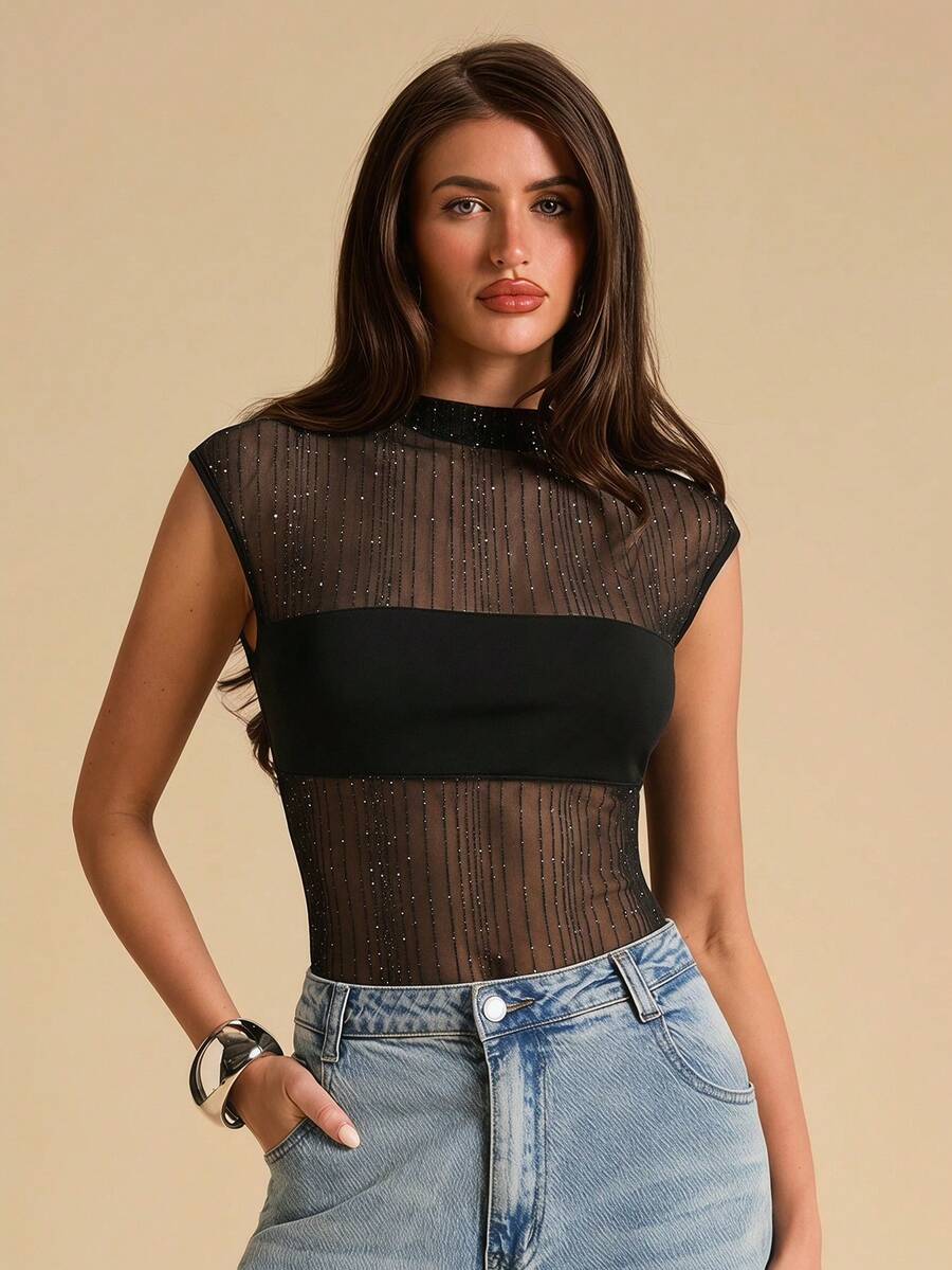 SHEIN BAE Áo liền thân không tay màu đen xuyên thấu lấp lánh, trang phục gợi cảm cho tiệc tùng, hẹn hò, mùa xuân/hè. - màu đen - Xem 1