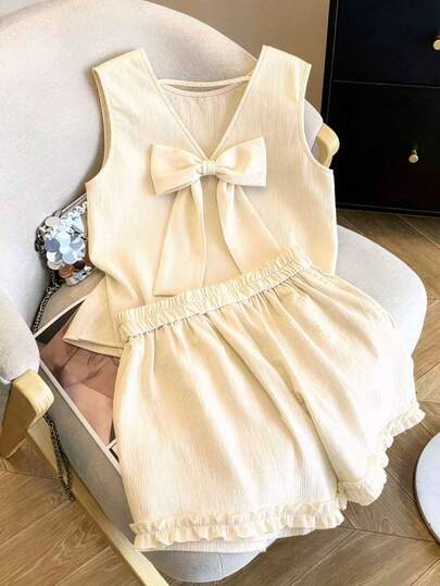 SHEIN Franclia Women's Solid Color Bow Decor Top And Shorts Casual 2-Piece Set