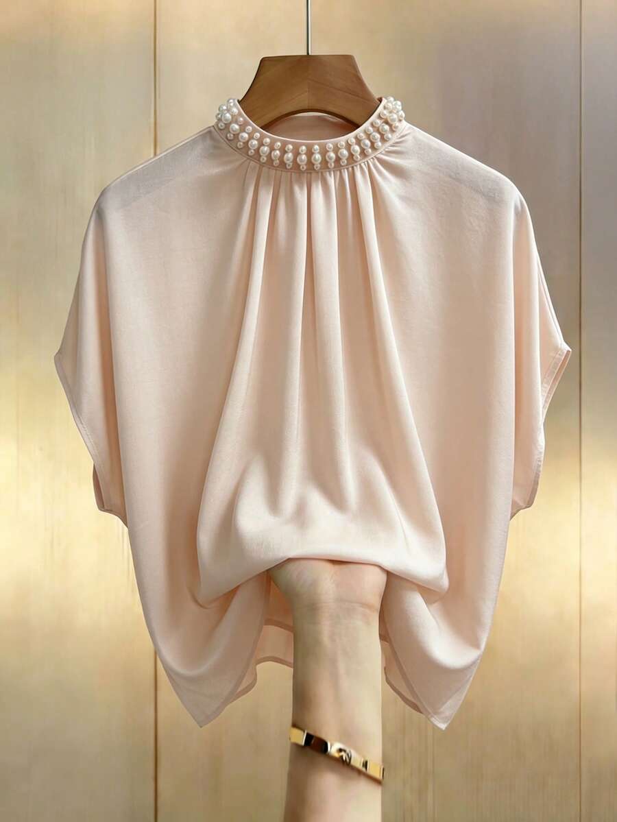 SHEIN Clasi Aprikot Fledermausärmel Schleife Rückseite Loose Chiffon Bluse, Perlen Kragen Dekor, elegant & modisch Party Tragen, Standardgröße, Frühling/Sommer - Aprikosenfarben - Übersicht 1