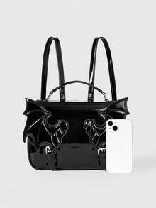 ROMWE Ba lô đeo vai kiểu cánh dơi phong cách Gothic, ba lô đi học. - Gương màu đen - Xem 3