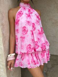 Aloruh Women's Floral Print Ruffle Hem Halter Mini Dress, Vacation Style,Dresses For Women Summer - Pink - View 4