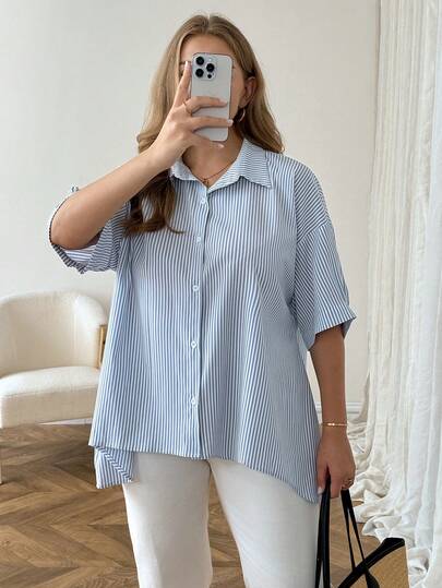 SHEIN LUNE Áo sơ mi nữ cỡ lớn tay ngắn kẻ sọc cài một hàng khuy kiểu dáng thường ngày