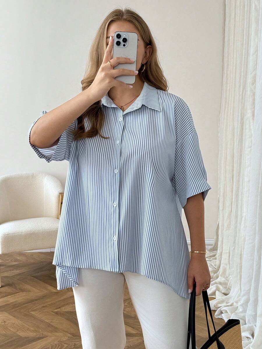 SHEIN LUNE 大码女式条纹短袖单排扣休闲衬衫 - 藍色 - 查看 1