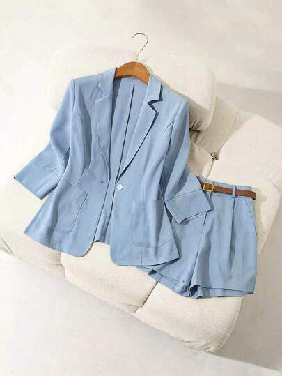 Airaco 浅蓝色加大码长袖西装外套和短裤套装