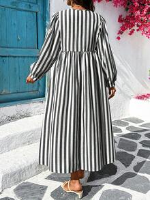 SHEIN 孕妇长袖褶皱宽松休闲日常连衣裙，夏季 - 黑與白 - 查看 2