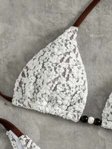 Swim Vcay Textured Triangle Cup Lace Patchwork Halter Contrast Color Bikini Set Golf White Summer Sexy - Brown - View 6