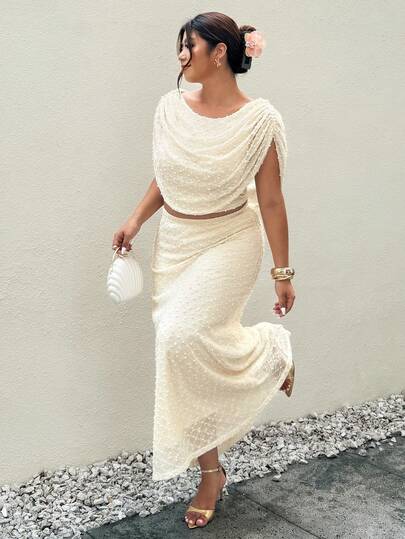 Firerie Plus Size Spring/Summer New Elegant & Comfortable Party, Gathering, Date, Ball, Holiday, High-End Venue, Afternoon Tea Elastic Textured Draped Neck Waist Cinched Long Sleeve Dress For Women