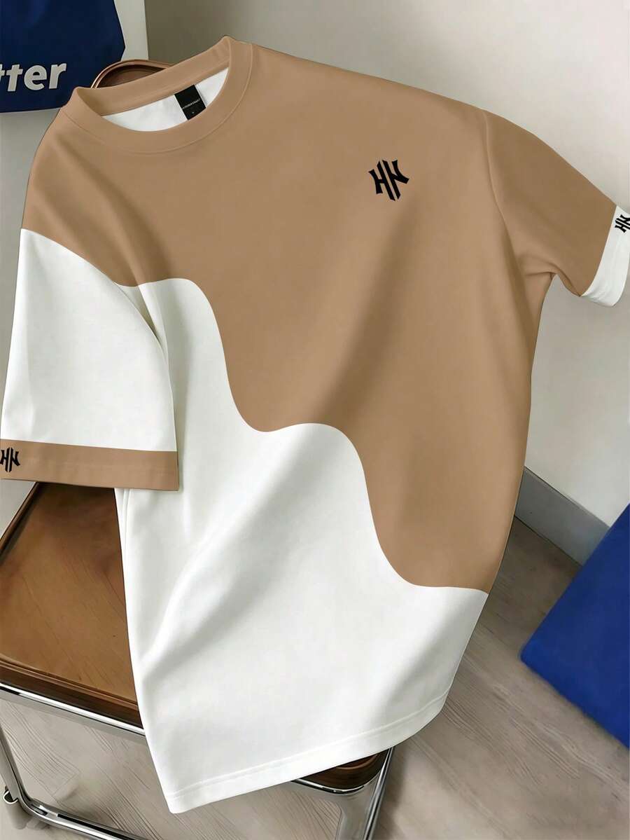 Manfinity Joysei Men's Casual Colorblock Short Sleeve T-Shirt, Summer - Khaki - View 1