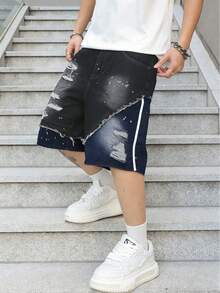 Manfinity EMRG 男士美式街头风撞色做旧阔腿牛仔短裤 - 黑色 - 查看 4