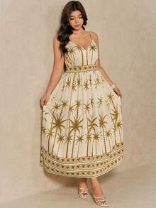 Juhart Robe longue élégante sans manches à col V profond avec motif géométrique d'arbre de noix de coco pour femmes grandes tailles - Jaune moutarde - Voir 6
