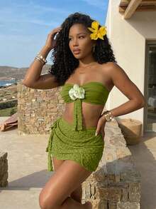 BamGleam Bộ đồ đi nghỉ mát màu xanh bơ thanh lịch, áo corset ren họa tiết hoa 3D và chân váy mini quấn quanh người, trang phục đi biển/chụp ảnh. - màu xanh lá - Xem 5
