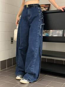 DAZY Quần jeans ống rộng dáng suông buộc dây bên hông, phong cách thường ngày cho nữ, thích hợp mặc đi làm. - Màu xanh lam - Xem 8