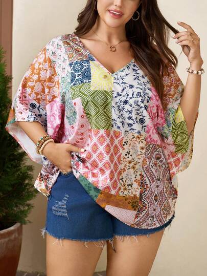 Comfylo Blusa holgada con cuello en V, estampado floral tropical y mangas con volantes, para vacaciones, para el verano, tallas grandes