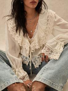 Bohemian Ruffled Collar Waist Lace Patchwork Women Blouse - Apricot - View 1