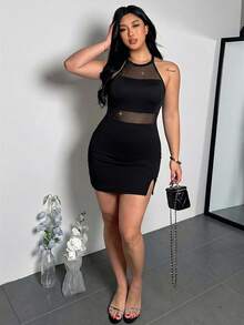 Firerie Plus Size Women's Solid Color Mesh Patchwork Rhinestone Decor Halter Neck Dress Club Outfits For Women Party Black Graduation Wedding Guest - Black - View 6