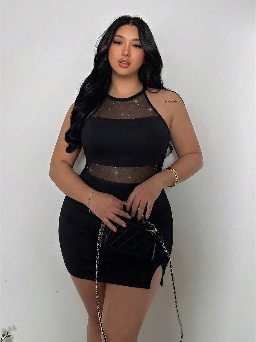 Firerie Plus Size Women's Solid Color Mesh Patchwork Rhinestone Decor Halter Neck Dress Club Outfits For Women Party Black Graduation Wedding Guest - Black - View 1