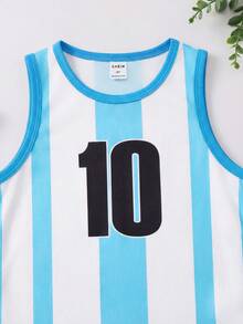 SHEIN 2pcs/Set Young Boy Summer Sports Casual Striped Numeric Print Knit Tank Top And Shorts Set - Multicolor - View 6