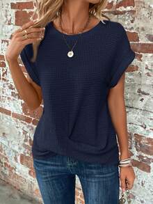 SHEIN Clasi Plus Size Summer Minimalist Solid Color Textured Batwing Sleeve T-Shirt - Navy Blue - View 7