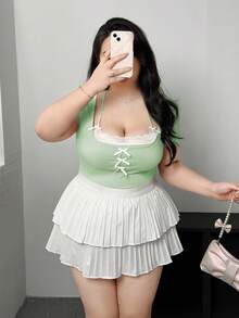 Vibekara 加大码春夏短袖二合一蕾丝拼接蝴蝶T恤 - 綠色 - 查看 4