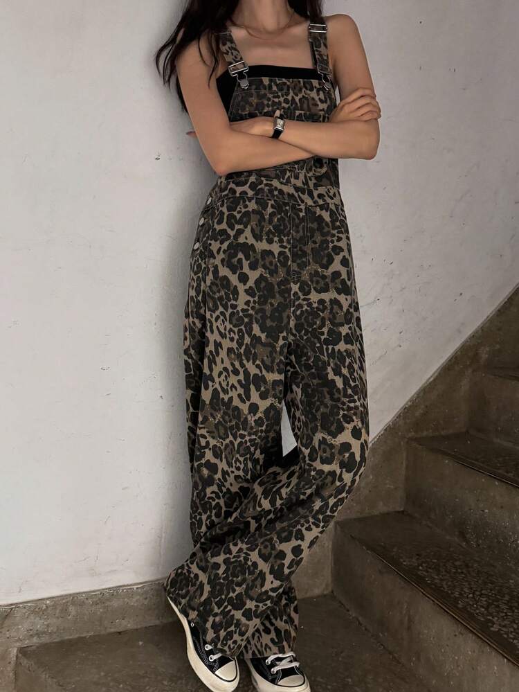 Women's Leopard Print Pocket Wide Leg Denim Jumpsuit