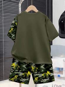 SHEIN Tween Boy Casual Cartoon Dinosaur Print Short Sleeve T-Shirt And Shorts 2 Pieces Set, Suitable For Summer - Multicolor - View 2